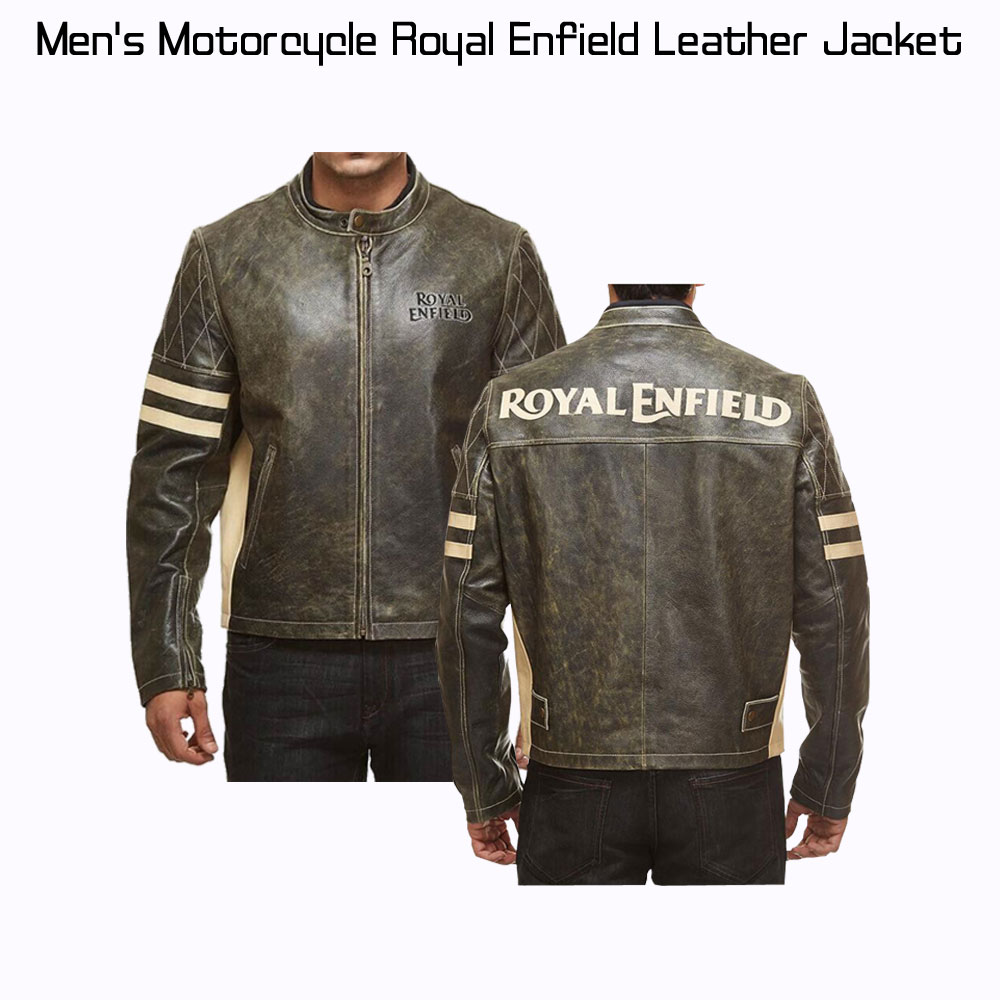 Men's Royal Enfield Striped Biker Leather Jacket Men's Royal Enfield Striped Biker Leather Jacket - Image 5
