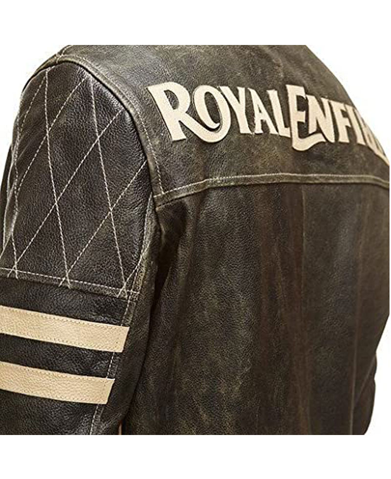 Men's Royal Enfield Striped Biker Leather Jacket Men's Royal Enfield Striped Biker Leather Jacket - Image 3
