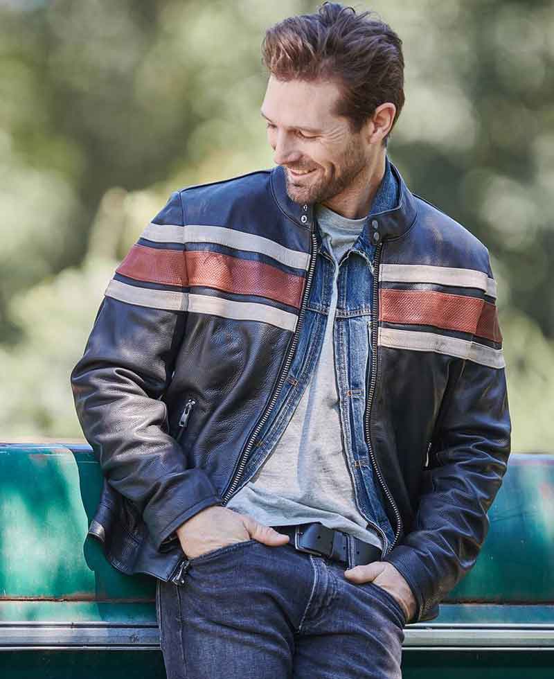 Men's Motorcycle Vintage Striped Style Retro Leather Jacket Men's Motorcycle Vintage Striped Style Retro Leather Jacket - Image 5