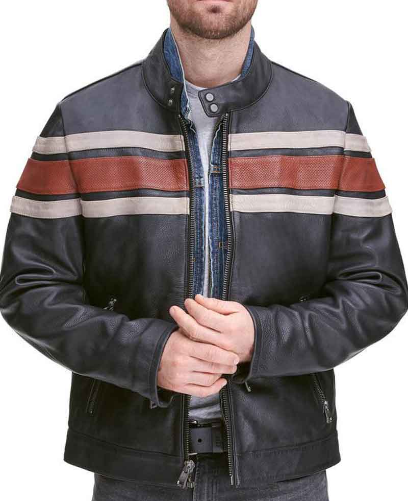 Men's Motorcycle Vintage Striped Style Retro Leather Jacket Men's Motorcycle Vintage Striped Style Retro Leather Jacket - Image 3