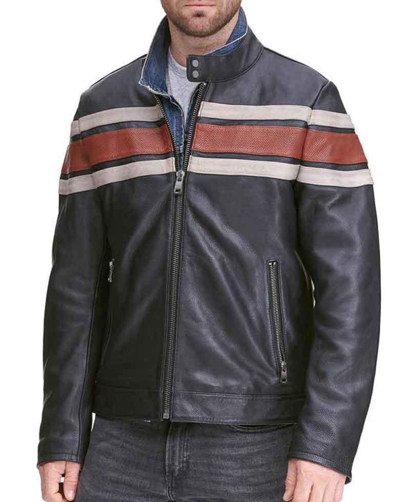 Men's Motorcycle Vintage Striped Style Retro Leather Jacket Men's Motorcycle Vintage Striped Style Retro Leather Jacket - Image 2