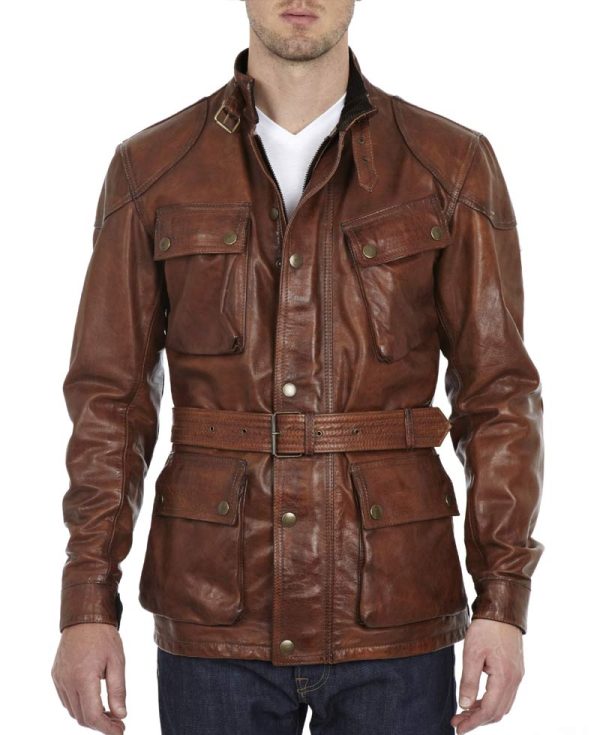 Men's Biker Belted Waxed Brown Leather Jacket