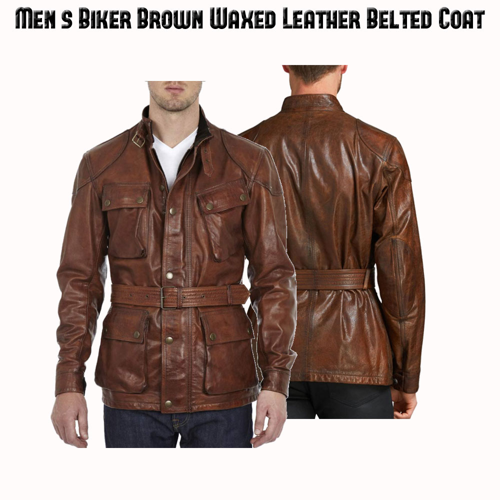 Men's Biker Belted Waxed Brown Leather Jacket Men's Biker Belted Waxed Brown Leather Jacket - Image 3