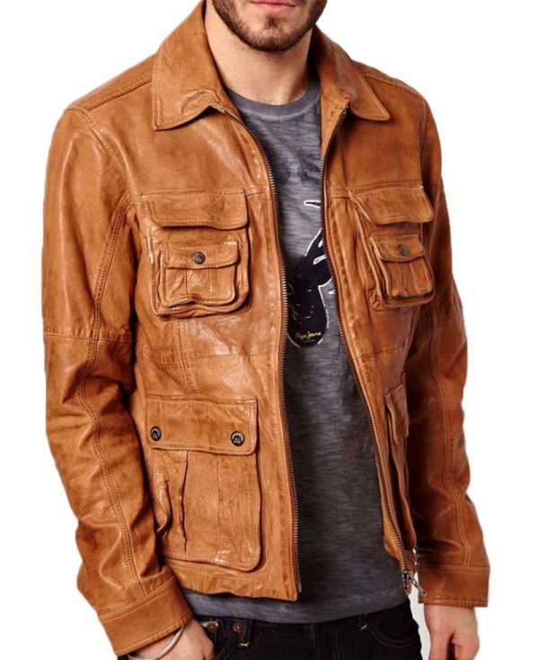 Men's Multi Pockets Casual Tan Brown Leather Jacket
