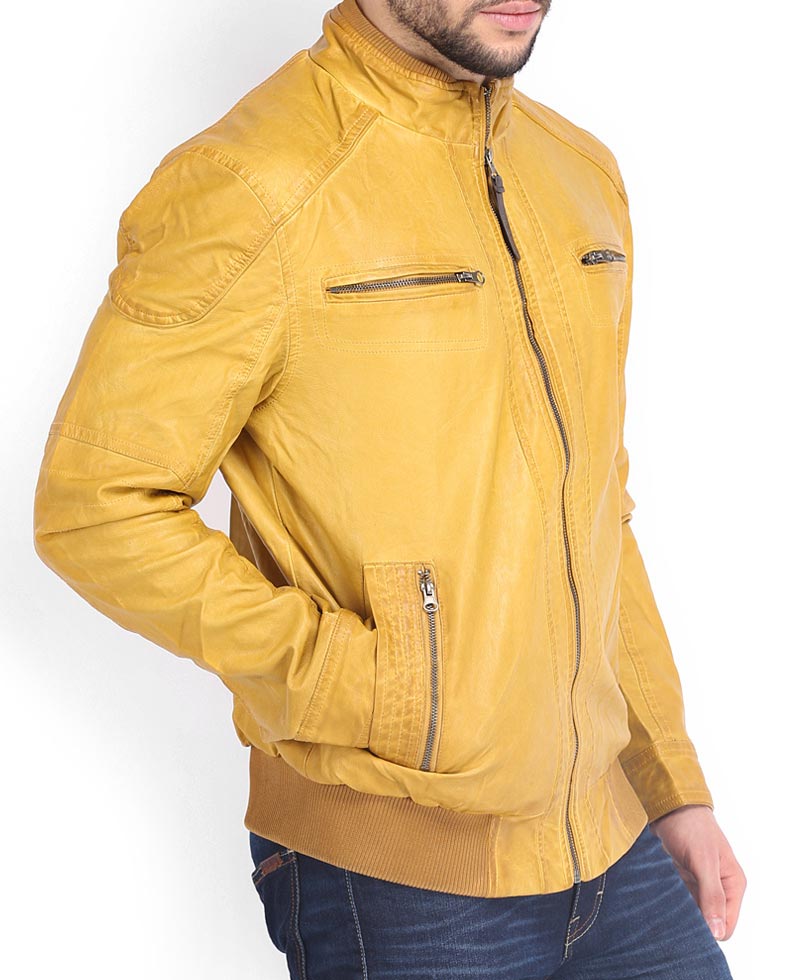 Men's Bomber Mustard Yellow Leather Jacket Men's Bomber Mustard Yellow Leather Jacket - Image 4