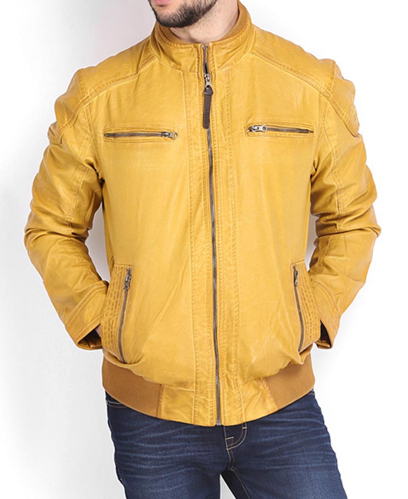 Men's Bomber Mustard Yellow Leather Jacket Men's Bomber Mustard Yellow Leather Jacket - Image 3