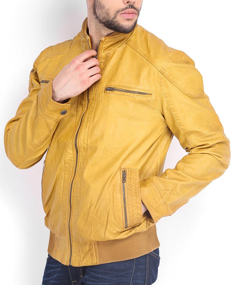 Men's Bomber Mustard Yellow Leather Jacket