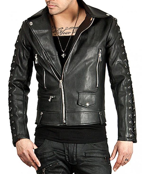 Men's Laces Sleeves Design Black Leather Biker Jacket