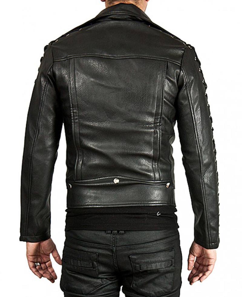 Men's Laces Sleeves Design Black Leather Biker Jacket Men's Laces Sleeves Design Black Leather Biker Jacket - Image 2