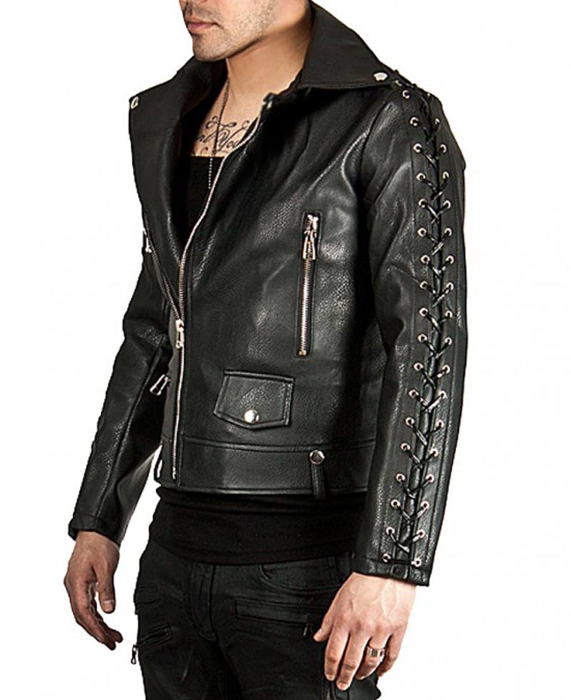 Men's Laces Sleeves Design Black Leather Biker Jacket Men's Laces Sleeves Design Black Leather Biker Jacket - Image 3