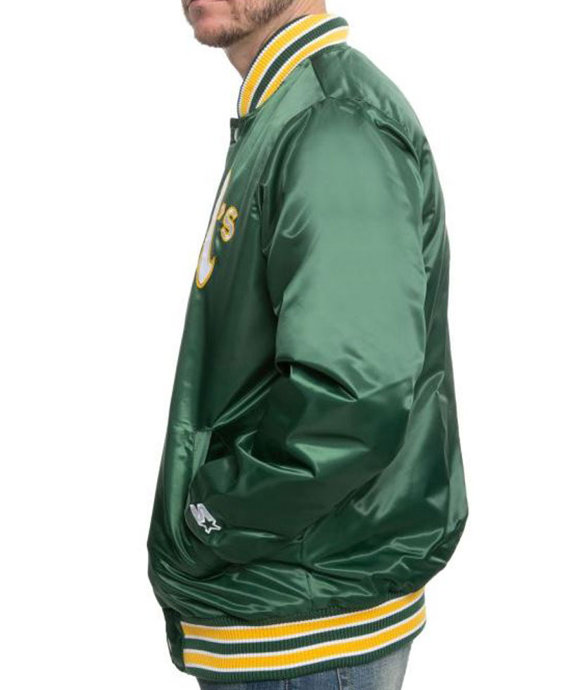Men's Bomber Starter Oakland A's Green Satin Jacket Men's Bomber Starter Oakland A's Green Satin Jacket - Image 2