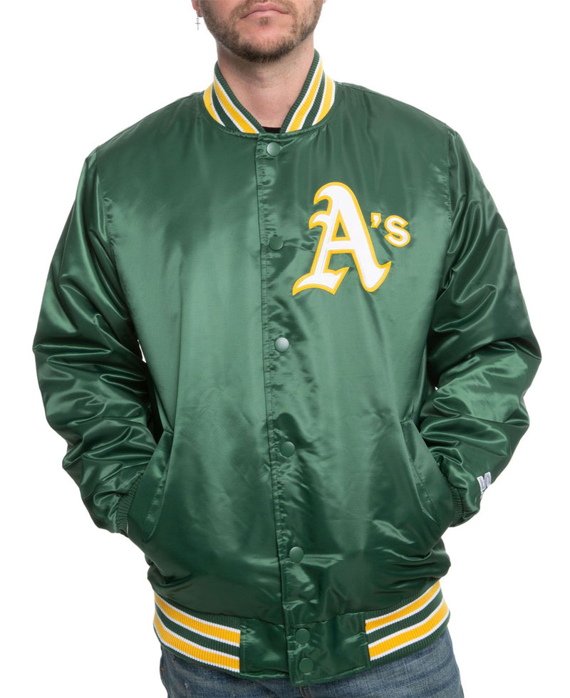 Men's Bomber Starter Oakland A's Green Satin Jacket Men's Bomber Starter Oakland A's Green Satin Jacket