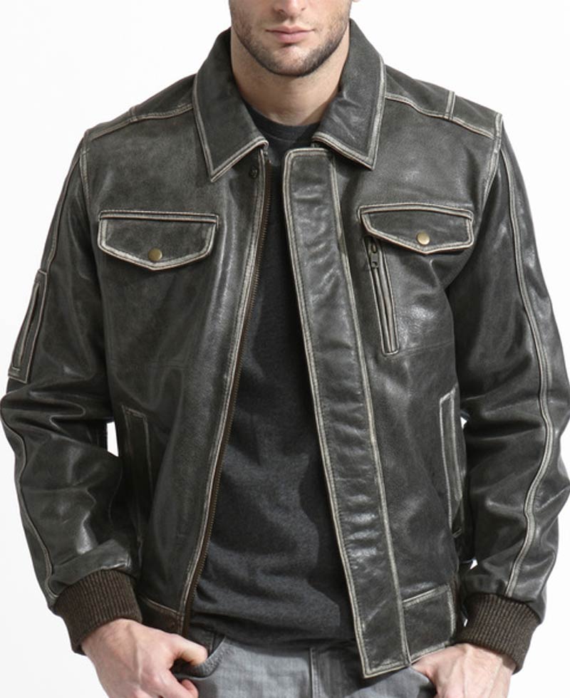 Men's Phoenix Bomber Distressed Black Leather Jacket