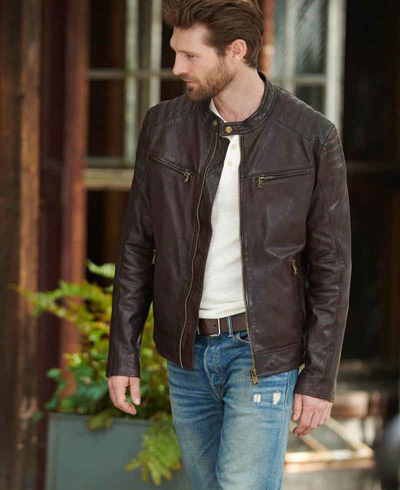 Men's Quilted Shoulder Zipper Pockets Biker Brown Leather Jacket Men's Quilted Shoulder Zipper Pockets Biker Brown Leather Jacket - Image 6