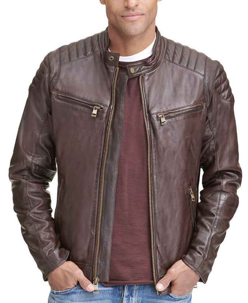 Men's Quilted Shoulder Zipper Pockets Biker Brown Leather Jacket Men's Quilted Shoulder Zipper Pockets Biker Brown Leather Jacket - Image 3