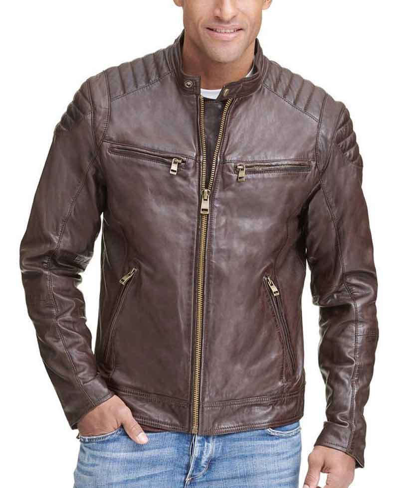 Men's Quilted Shoulder Zipper Pockets Biker Brown Leather Jacket Men's Quilted Shoulder Zipper Pockets Biker Brown Leather Jacket - Image 2