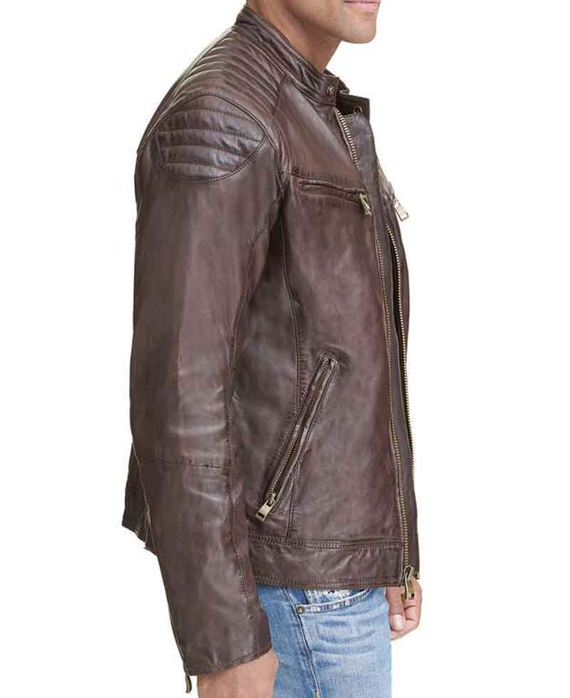Men's Quilted Shoulder Zipper Pockets Biker Brown Leather Jacket Men's Quilted Shoulder Zipper Pockets Biker Brown Leather Jacket - Image 4
