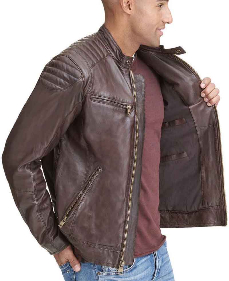 Men's Quilted Shoulder Zipper Pockets Biker Brown Leather Jacket Men's Quilted Shoulder Zipper Pockets Biker Brown Leather Jacket - Image 5