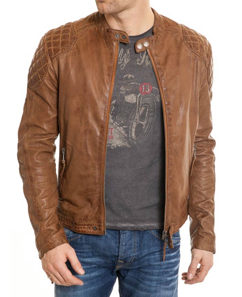 Men's Waxed Leather Quilted Shoulders Brown Motorcycle Jacket brown leather biker jacket