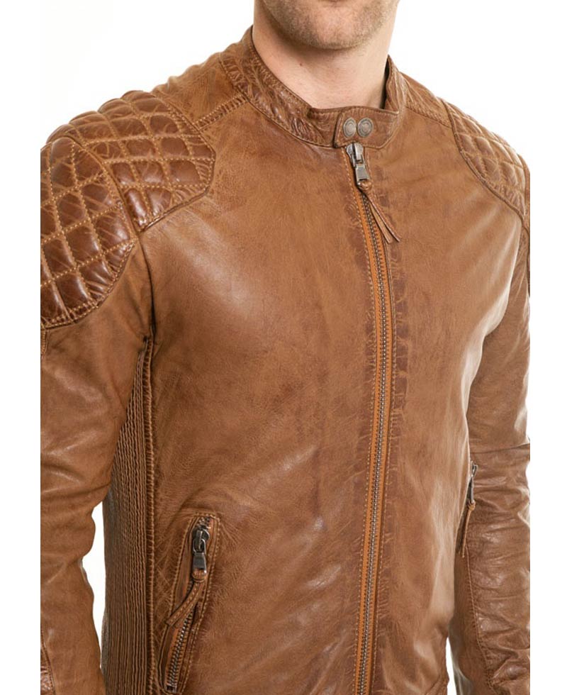 Men's Waxed Leather Quilted Shoulders Brown Motorcycle Jacket mens brown leather biker jacket