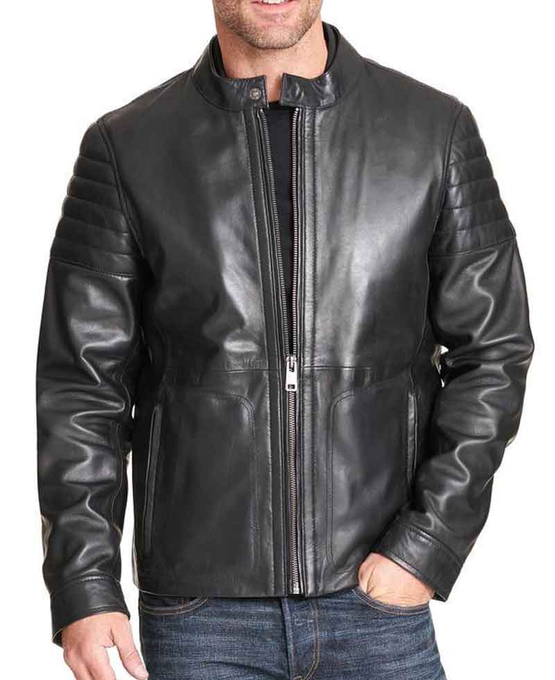 Men's Quilted Sleeve Design Soft Black Leather Biker Style Jacket Men's Quilted Sleeve Design Soft Black Leather Biker Style Jacket - Image 2