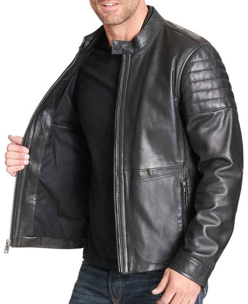 Men's Quilted Sleeve Design Soft Black Leather Biker Style Jacket Men's Quilted Sleeve Design Soft Black Leather Biker Style Jacket - Image 4