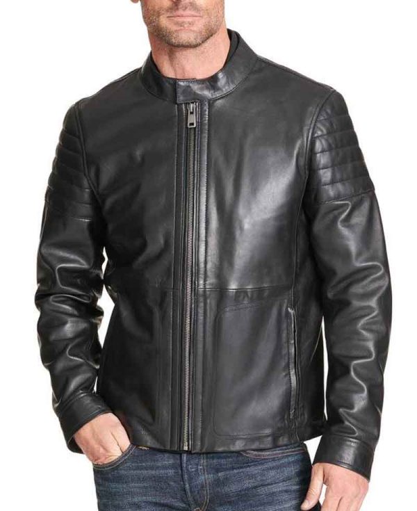 Men's Quilted Sleeve Design Soft Black Leather Biker Style Jacket