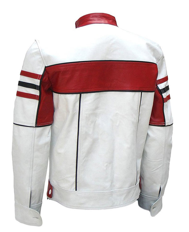 Men's Biker Red Striped Design Slim Fit White Leather Jacket Men's Biker Red Striped Design Slim Fit White Leather Jacket - Image 2