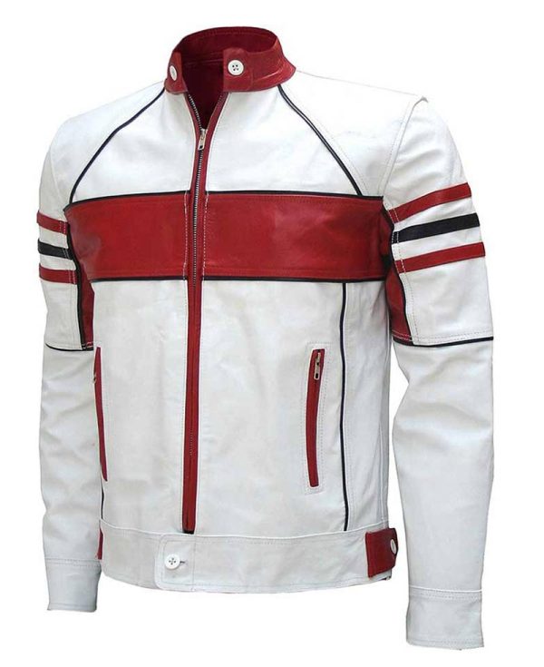 Men's Biker Red Striped Design Slim Fit White Leather Jacket