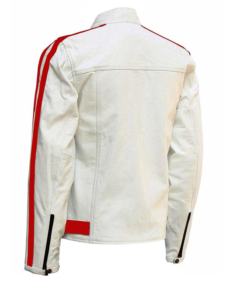 Men's Biker White Leather Red Striped Jacket Men's Biker White Leather Red Striped Jacket - Image 2