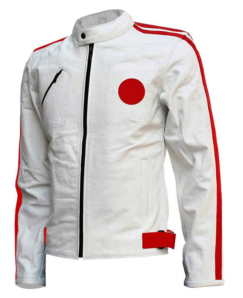 Men's Biker White Leather Red Striped Jacket Men's Biker White Leather Red Striped Jacket