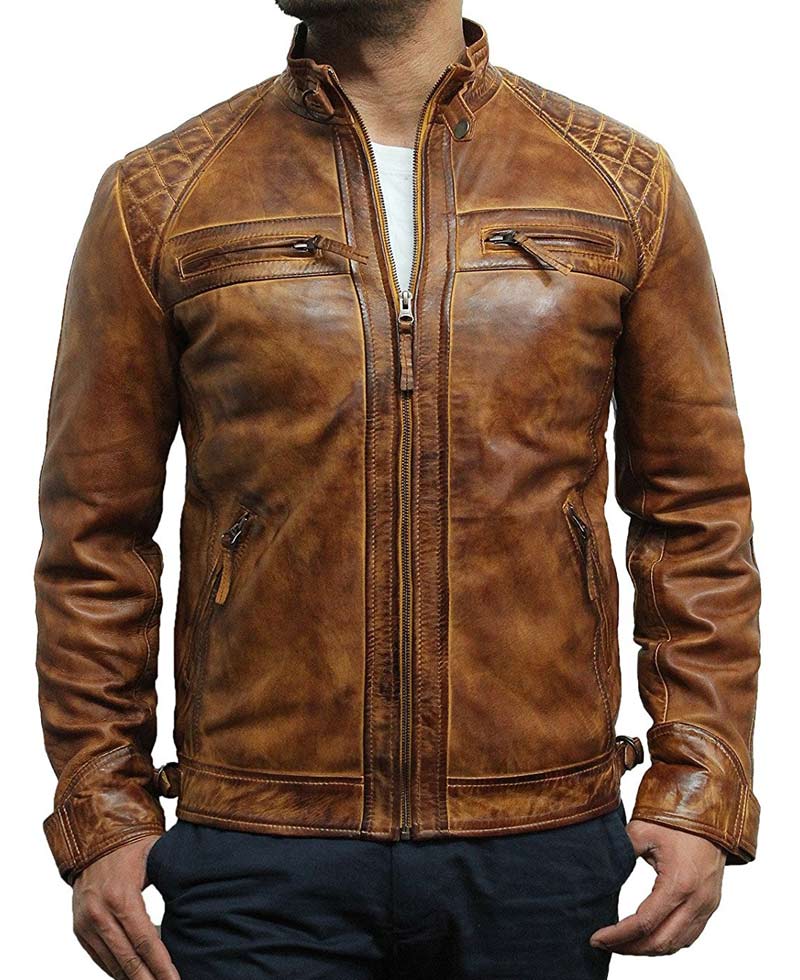 Men's Retro Style Casual Waxed Tan Brown Leather Jacket Men's Retro Style Casual Waxed Tan Brown Leather Jacket