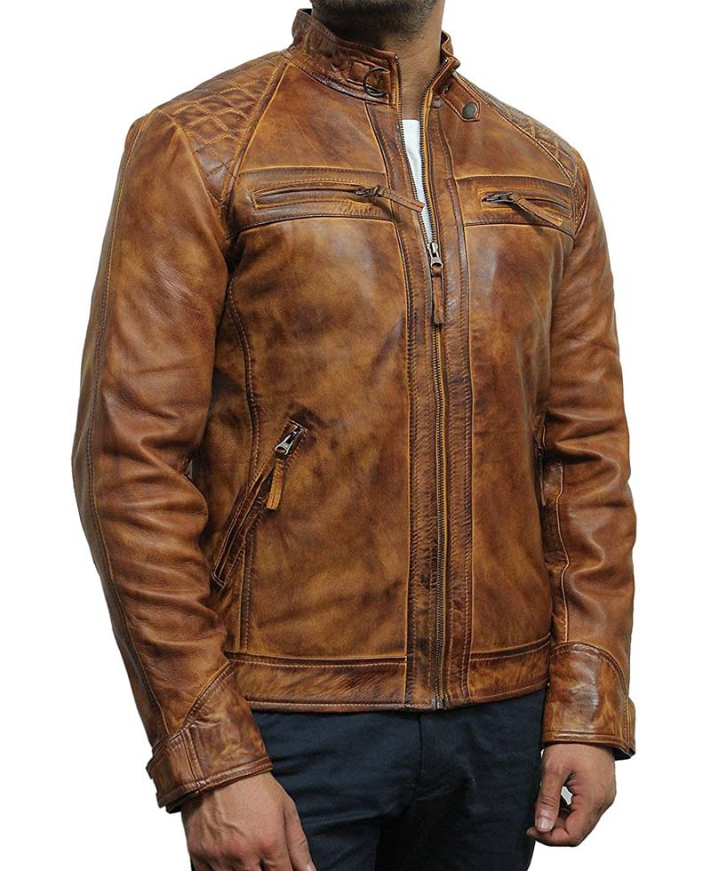 Men's Retro Style Casual Waxed Tan Brown Leather Jacket Men's Retro Style Casual Waxed Tan Brown Leather Jacket - Image 3