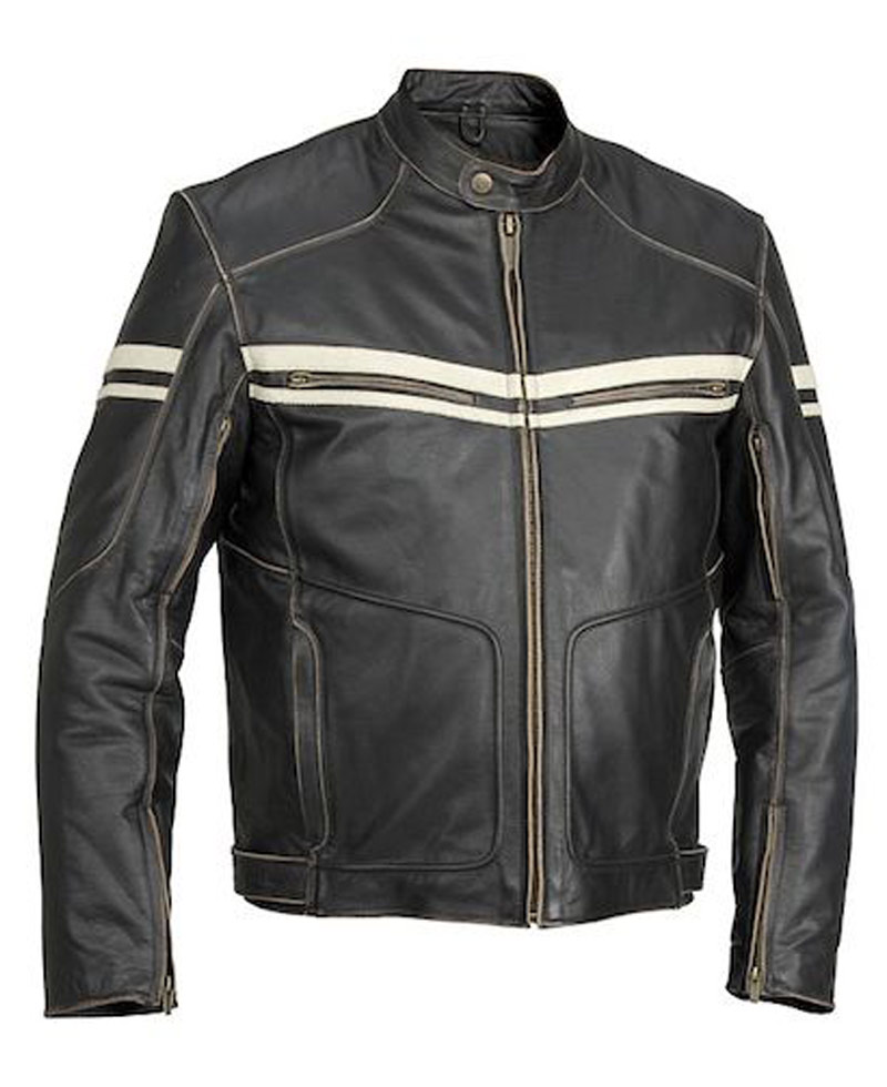 Men's Vintage Black Leather Biker Jacket with White Striped Design Men's Vintage Black Leather Biker Jacket with White Striped Design