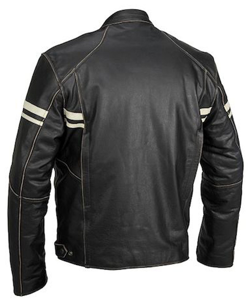 Men's Vintage Black Leather Biker Jacket with White Striped Design Men's Vintage Black Leather Biker Jacket with White Striped Design - Image 2