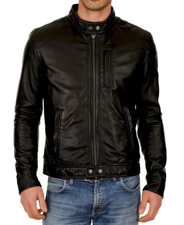 Men's Round Neck Snap Button Collar Leather Jacket