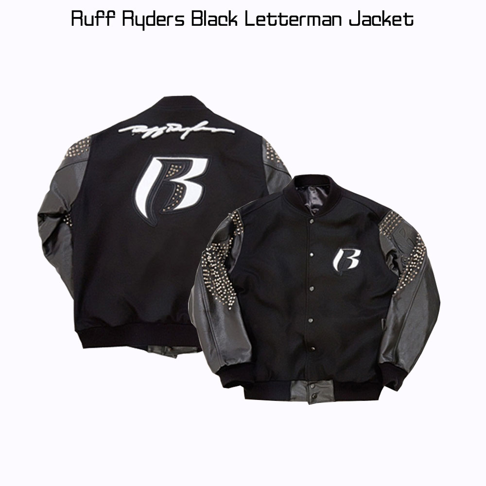 Men's Ruff Ryders Black Letterman Jacket Men's Ruff Ryders Black Letterman Jacket - Image 3