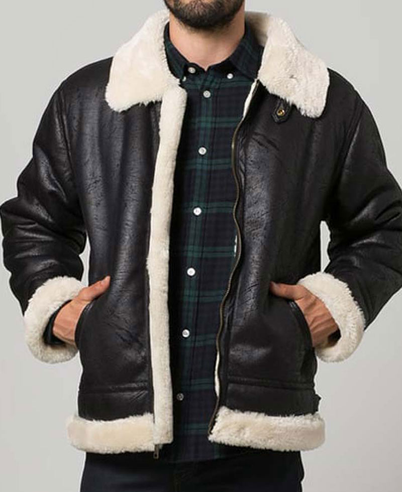 Men's Aviator Black Leather Shearling Jacket Men's Aviator Black Leather Shearling Jacket - Image 3