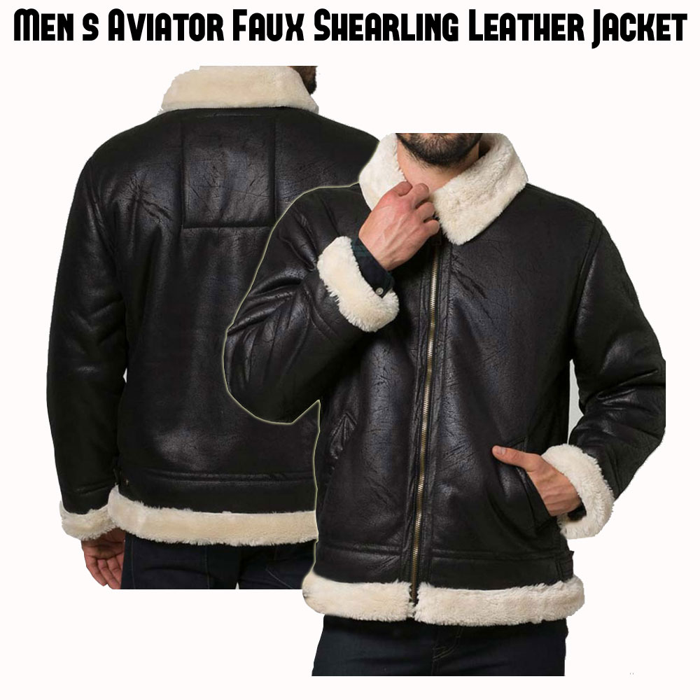 Men's Aviator Black Leather Shearling Jacket Men's Aviator Black Leather Shearling Jacket - Image 5