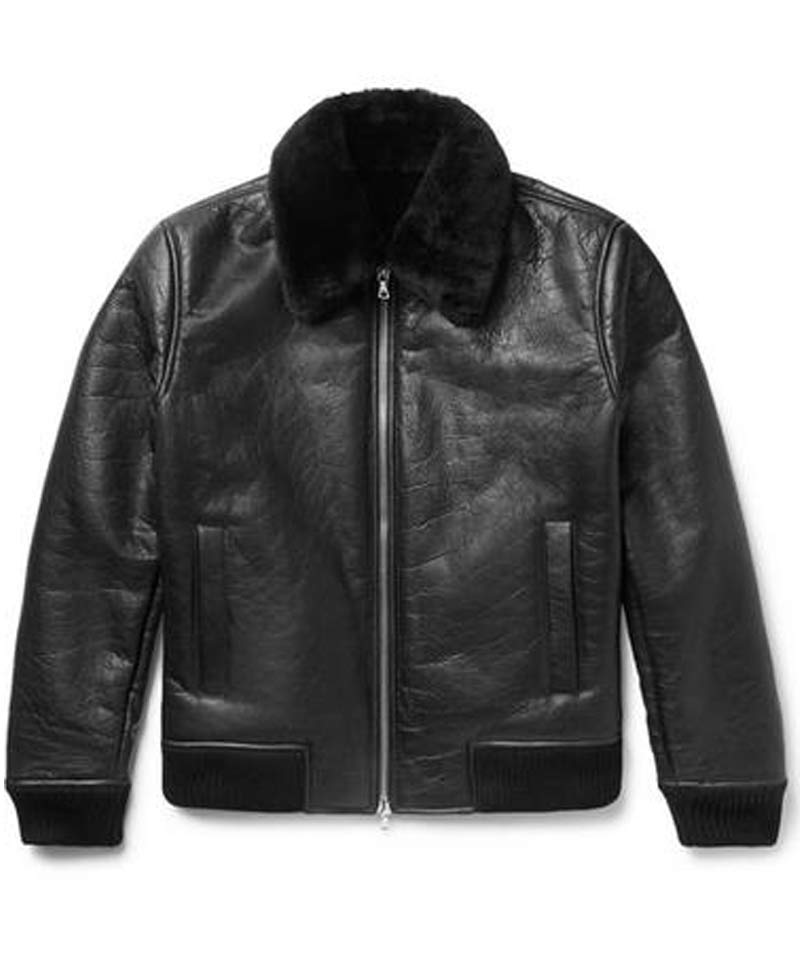 Men's Shearling Bomber Trimmed Black Leather Jacket Men's Shearling Bomber Trimmed Black Leather Jacket - Image 3