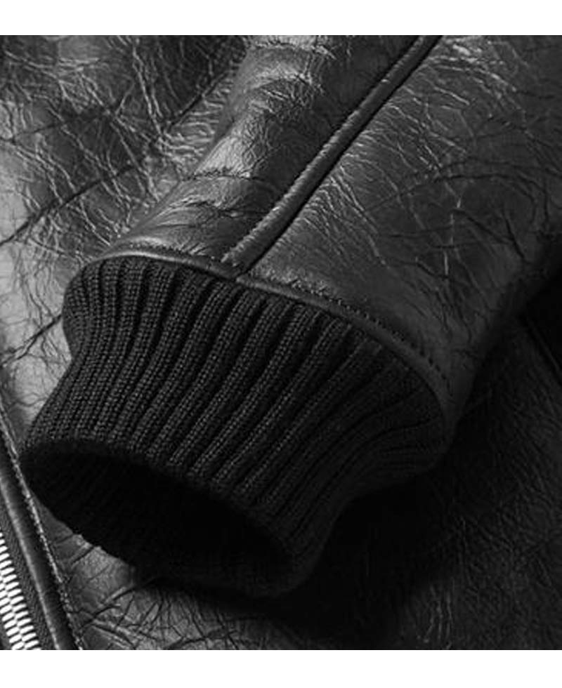 Men's Shearling Bomber Trimmed Black Leather Jacket Men's Shearling Bomber Trimmed Black Leather Jacket - Image 5