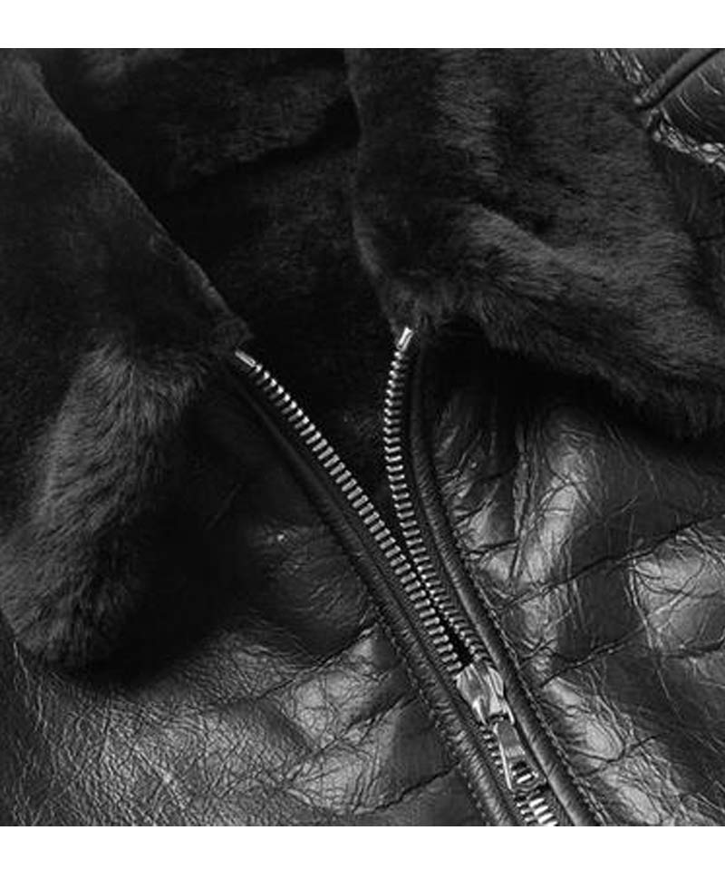 Men's Shearling Bomber Trimmed Black Leather Jacket Men's Shearling Bomber Trimmed Black Leather Jacket - Image 4
