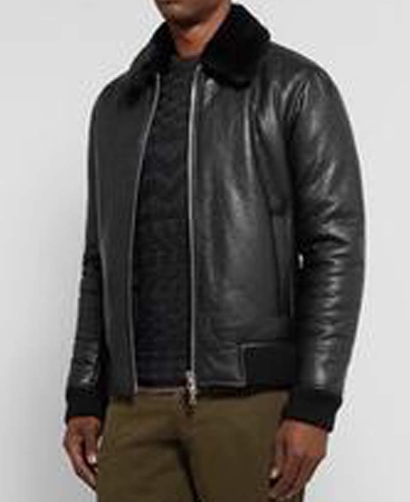 Men's Shearling Bomber Trimmed Black Leather Jacket Men's Shearling Bomber Trimmed Black Leather Jacket - Image 2