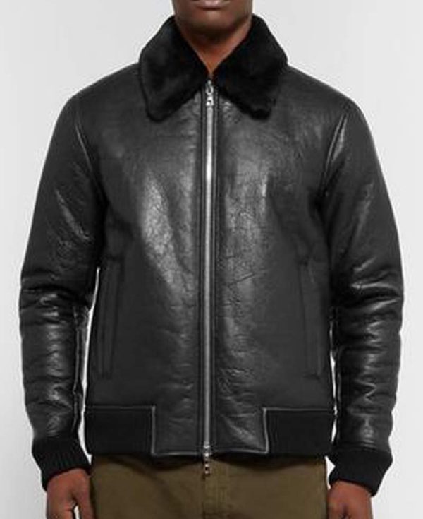 Men's Shearling Bomber Trimmed Black Leather Jacket