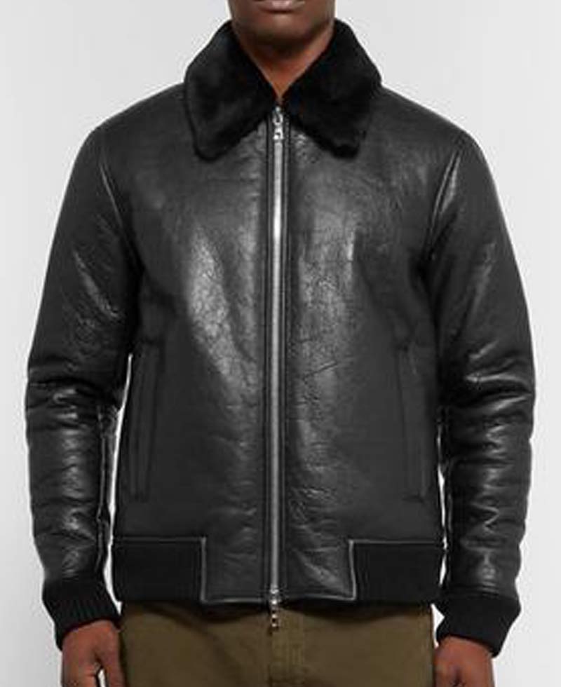 Men's Shearling Bomber Trimmed Black Leather Jacket