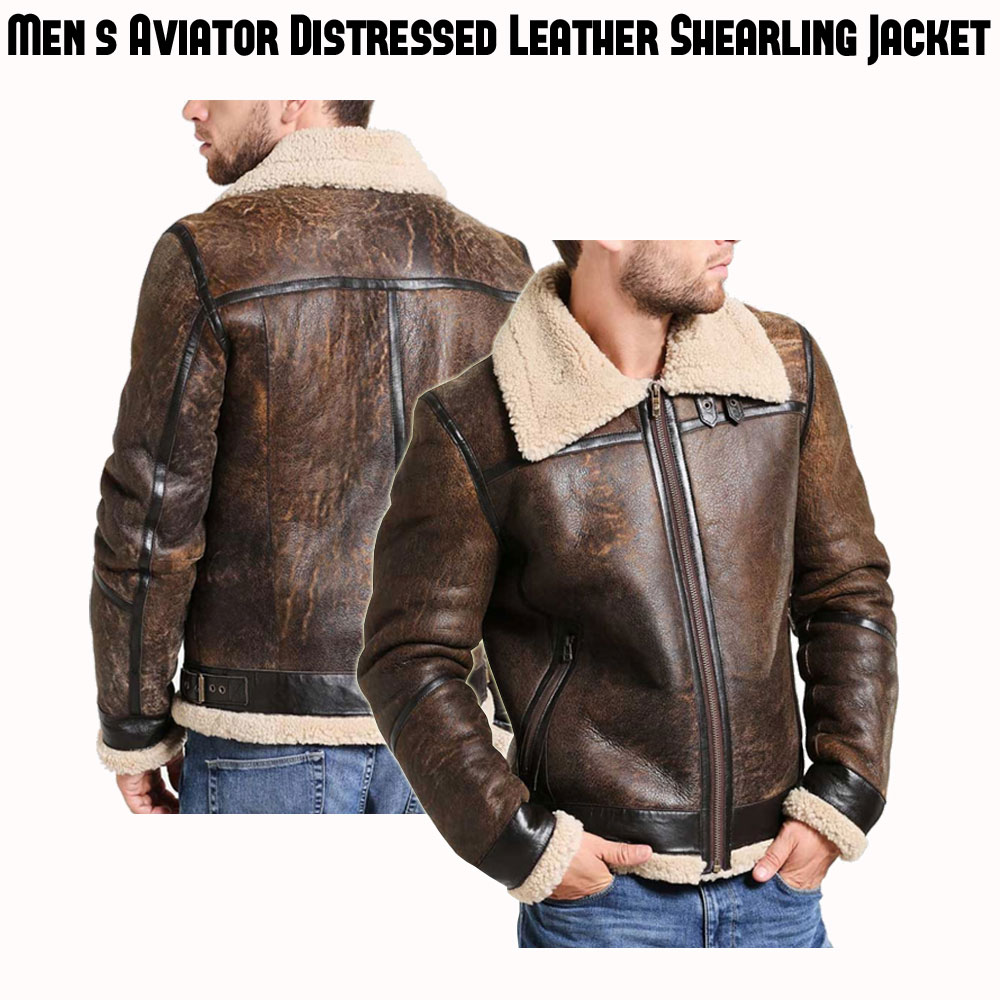 Men's Aviator Distressed Leather Shearling Jacket Men's Aviator Distressed Leather Shearling Jacket - Image 8