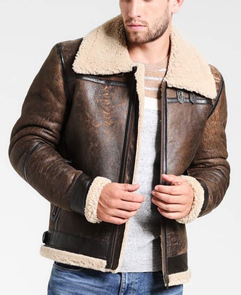 Men's Aviator Distressed Leather Shearling Jacket Men's Aviator Distressed Leather Shearling Jacket - Image 5