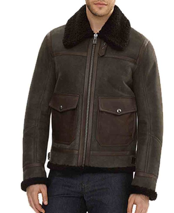 Men's Shearling Bomber Brown Leather Jacket with Fur Collar