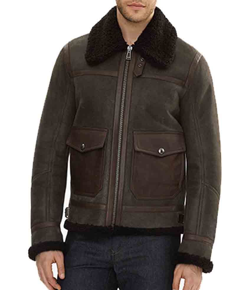 Men's Shearling Bomber Brown Leather Jacket with Fur Collar