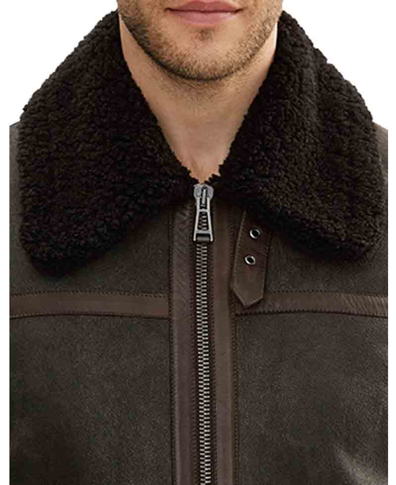 Men's Shearling Bomber Brown Leather Jacket with Fur Collar Men's Shearling Bomber Brown Leather Jacket with Fur Collar - Image 2